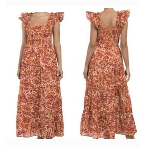 NWT House of Harlow Zoey Orange Floral Tiered Smocked Ruffled Maxi Dress Size L